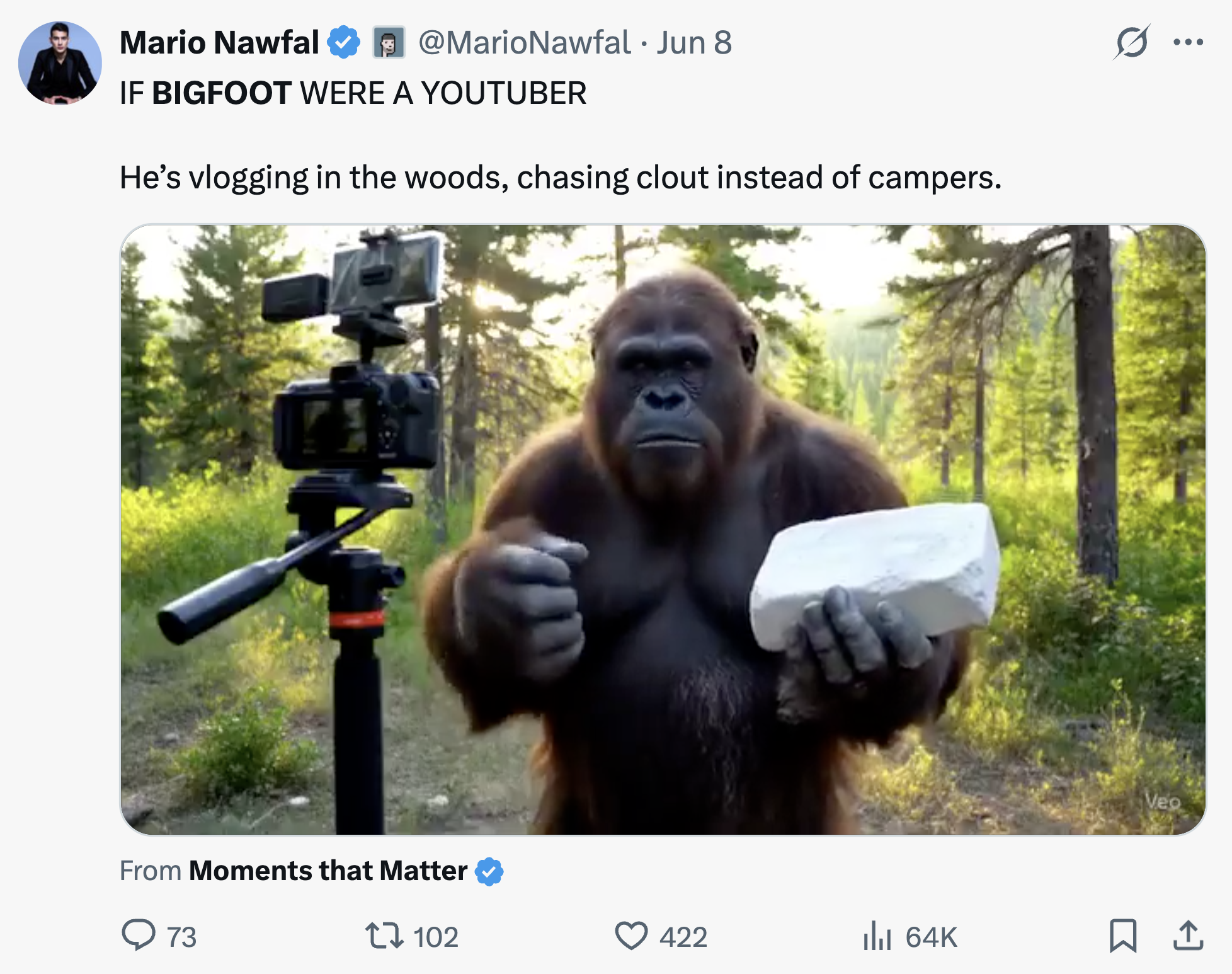 Mario Nawfal tweet about Bigfoot YouTuber